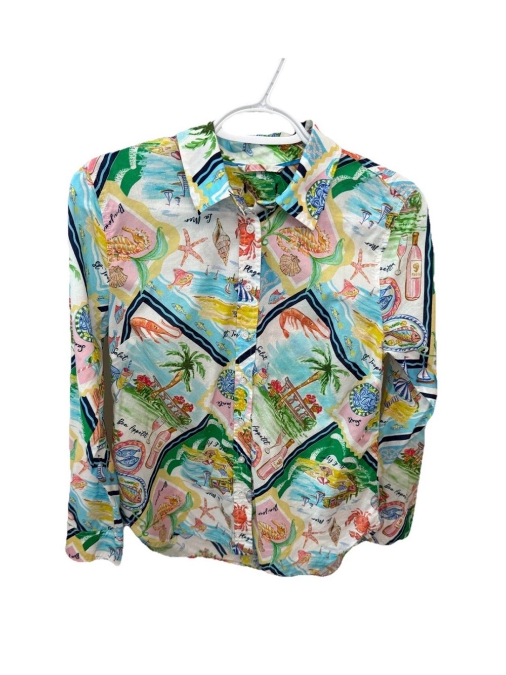 Talbots Button Down Shirt Womens Small Modern Fit Pink Blue Sea Life Pattern EUC